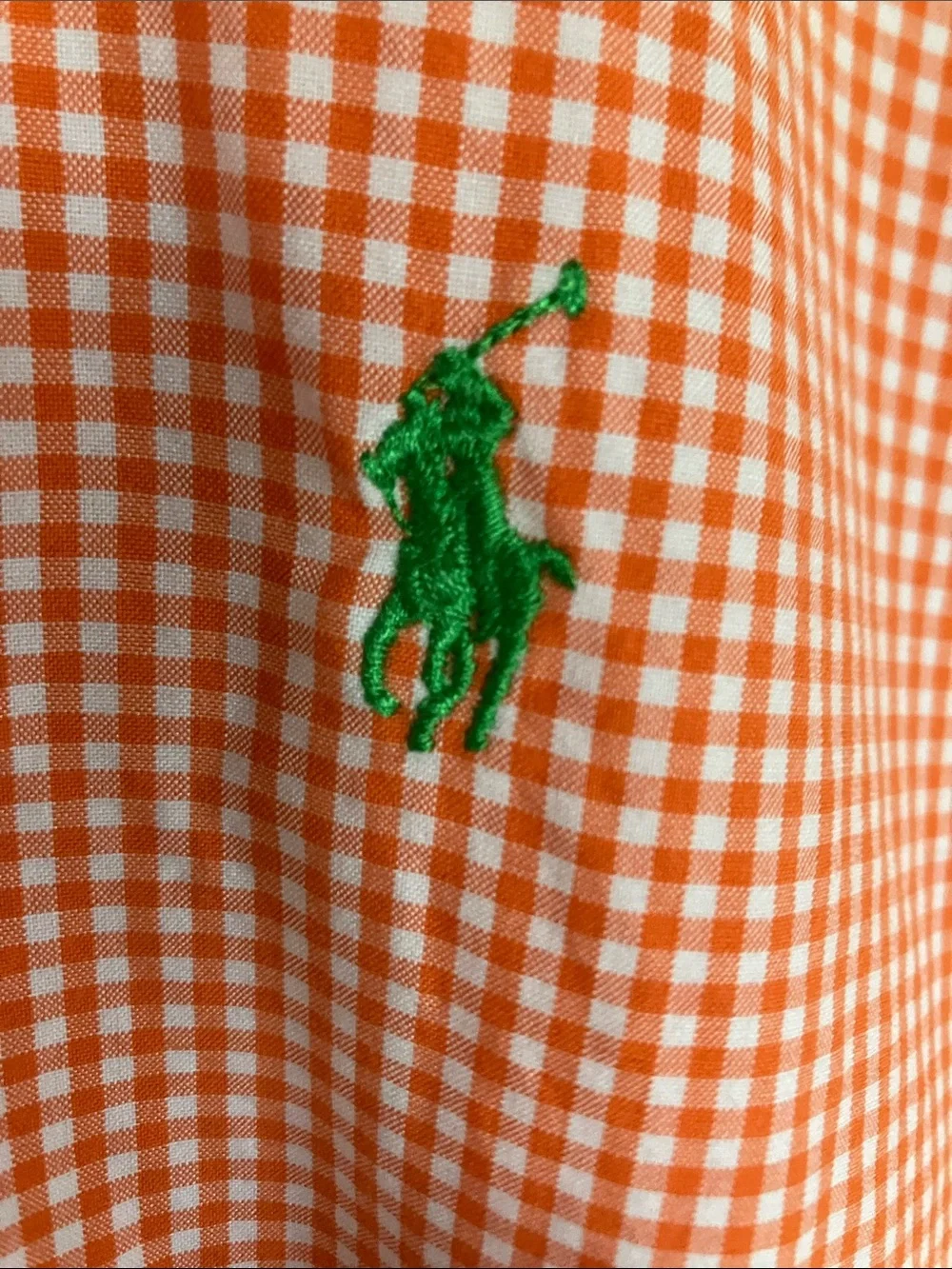Ralph Lauren Orange Gingham Short-Sleeve Button-Up Shirt with Green Pony